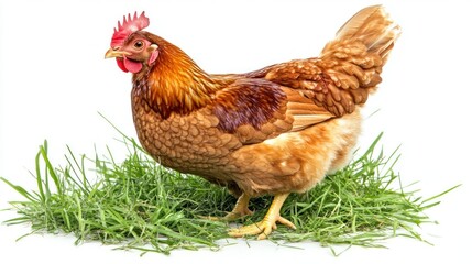 A brown hen standing on green grass, showcasing its feathers and natural habitat.