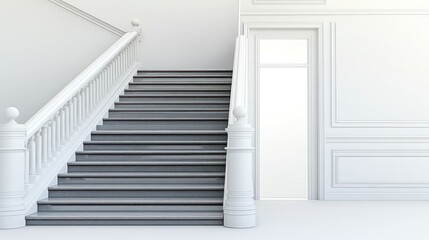 Fototapeta premium A minimalist interior featuring a staircase and an open door, emphasizing elegance and space.