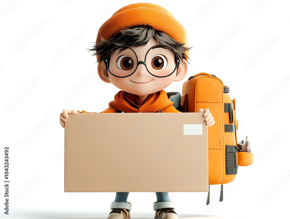 Poster friendly and endearing cartoon character grasping a simple cardboard box with engaging and expressiv
