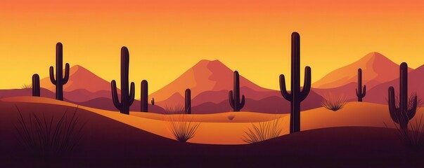 Naklejka premium Abstract desert scene with cactus silhouettes and warm gradients, perfect for text overlays