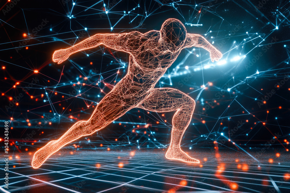 Poster a dynamic digital wireframe of a person in motion, highlighting energy and technological innovation 
