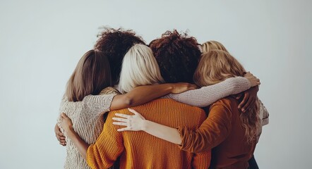 A diverse group of people embracing in a circle illustrating unity, friendship, and support in a warm and inclusive setting