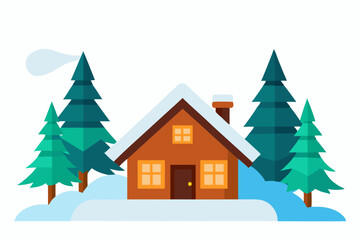 Fototapeta premium December Snow-Covered Cabin in the Woods Vector Illustration