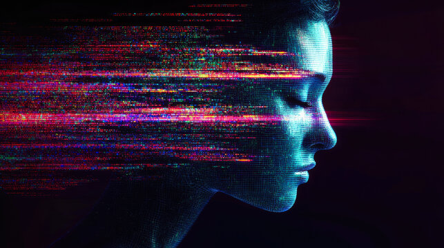 A mesmerizing image of a female profile transforming into a digital torrent, conveying concepts of change and evolution in technology.