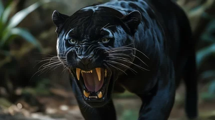 Fototapeten A black panther snarling at the camera. © Morning