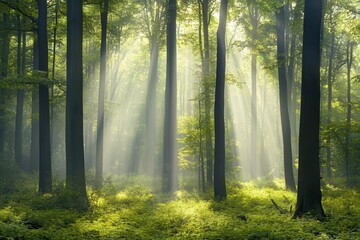 Obraz premium Abstract forest in soft shades of green, sunlight streaming through with room for copy