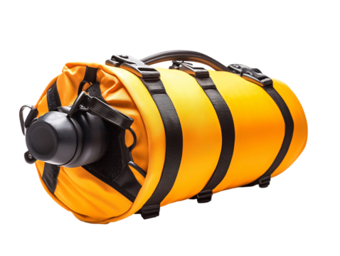 a yellow water bottle with a black handle