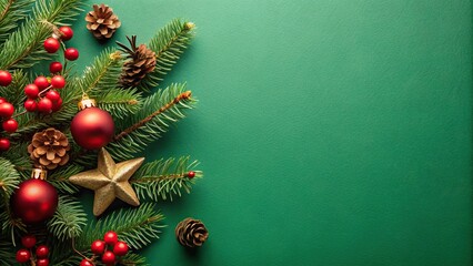 High angle view of colorful Christmas decorations on a vibrant green background