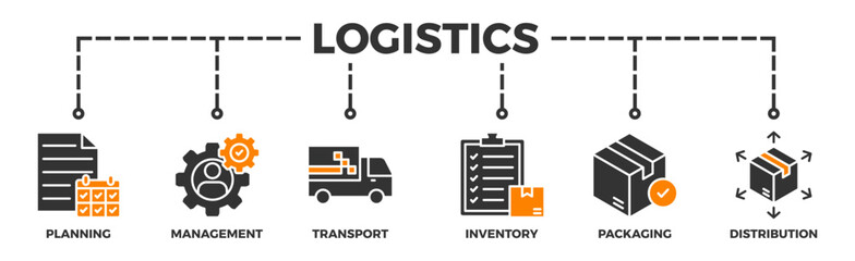 Logistics banner web icon vector illustration concept with icon of planning, management, transport, inventory, packaging, and distribution