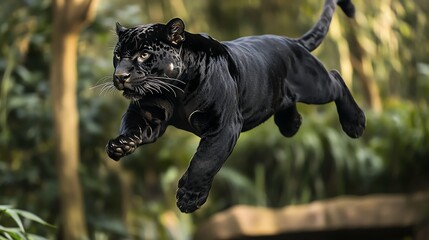 A black panther leaps over a log in a jungle setting.