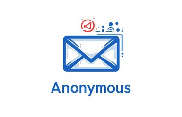 Flat logo illustrating an open email in blue with anonymous text and abstract design elements