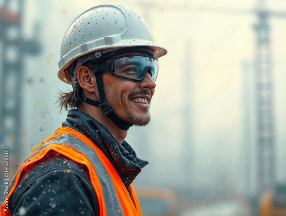Poster builder engineer in construction uniform and helmet on construction site background. generative ai