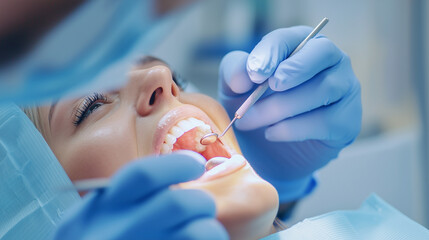 Naklejka premium Close Up of Dentist Examining Patient Teeth with Dental Tools