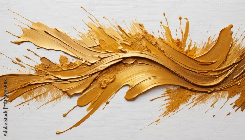 Poster vibrant golden paint flows and splatters across a pristine white background, creating a visually stu