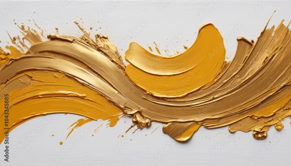 Poster richly textured strokes of gold flow across a pure white canvas, creating an engaging interplay of l