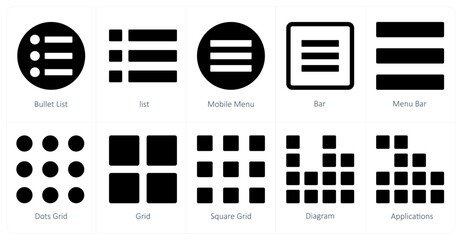 A set of 10 mix icons as bullet list, list, mobile menu