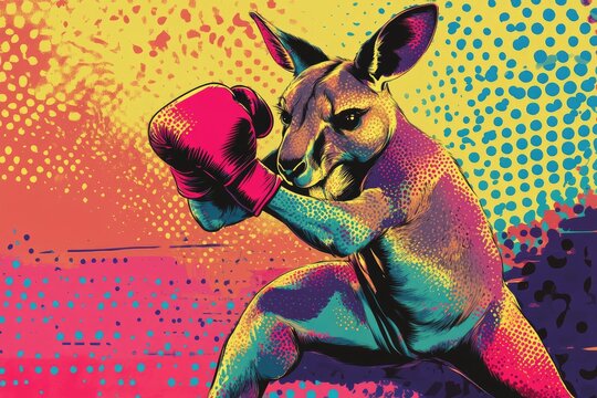 A dynamic Pop art style kangaroo boxing in a ring of vibrant colors and halftone patterns