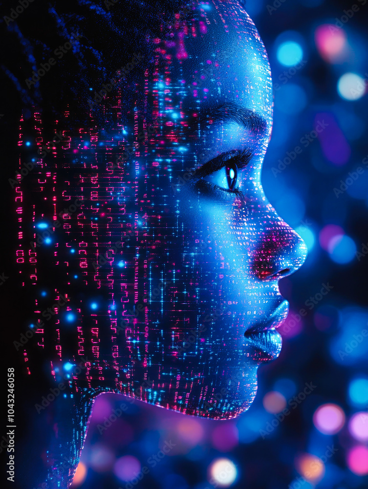 Poster a side profile bathed in glowing digital patterns and binary code, symbolizing the intersection of i