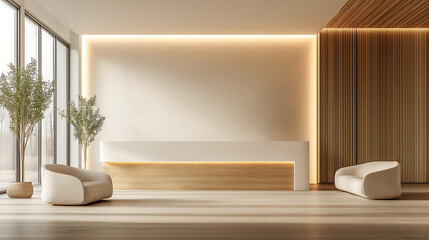 minimalist reception area with natural wood accents and soft lighting