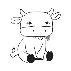 cartoon cow is sitting and eating grass