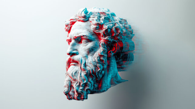 A 3D stone head sculpture featuring a glitch art effect, merging classical form with modern digital aesthetics.