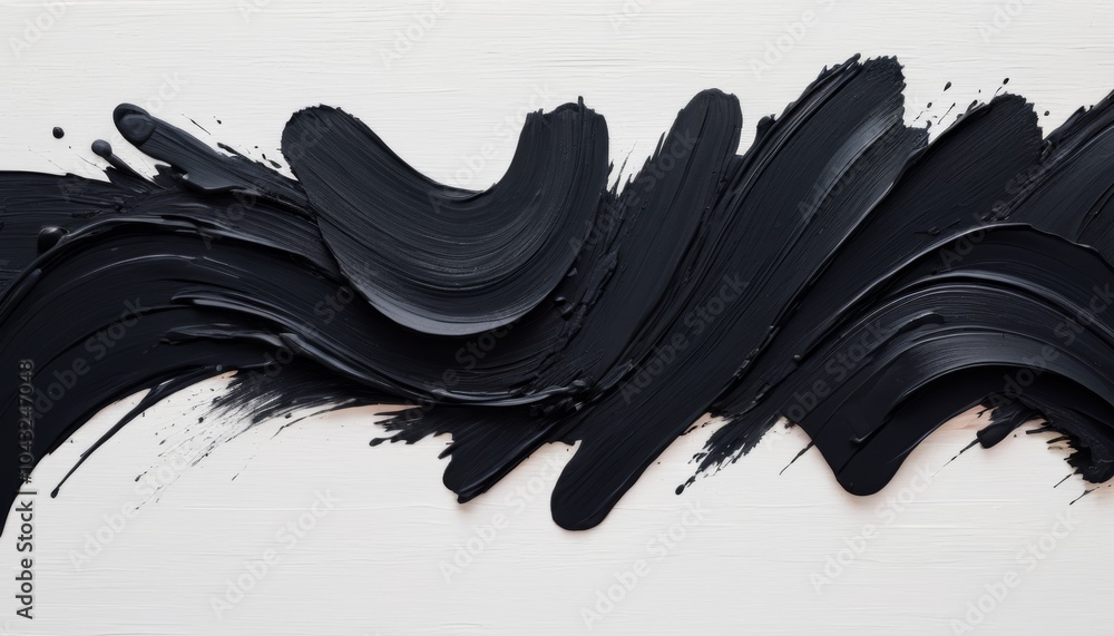 Poster bold, fluid strokes of black paint sweep across a pristine white canvas, creating an engaging contra