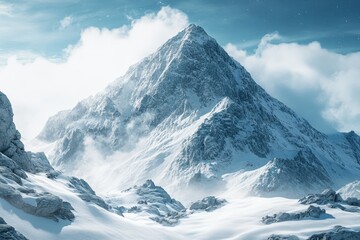 Majestic snow-covered mountain peak amidst clouds during a clear winter day