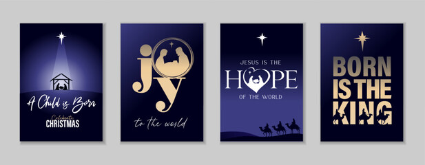 Nativity greeting cards set with Holy family and Christmas decorations. Creative Xmas concepts with cover design: A Child is Born, Joy to the world, Jesus is the Hope and Born is the King