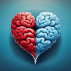 Red heart and blue brain connected, symbolizing the balance between emotions and intellect, perfect for educational materials and mental health awareness