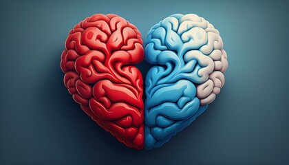 Red heart and blue brain connected, symbolizing the balance between emotions and intellect, perfect for educational materials and mental health awareness