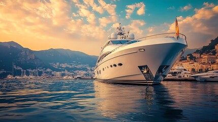 A large white yacht sits anchored in the calm blue waters of a bay.