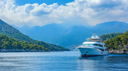 A luxury yacht sails through a calm blue sea with mountains and a coastline in the background.