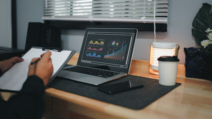 Planning and strategy, Stock market, Business growth, progress or success concept. Businessman or trader is showing a growing virtual hologram stock, invest in trading. Height return.