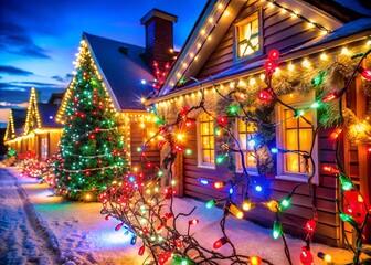 Obraz premium a house with a christmas tree and a house with lights on