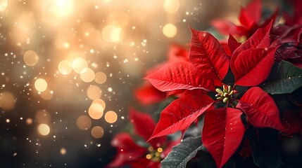 A vibrant poinsettia plant against a blurred, festive backdrop, copy space. Generative AI.