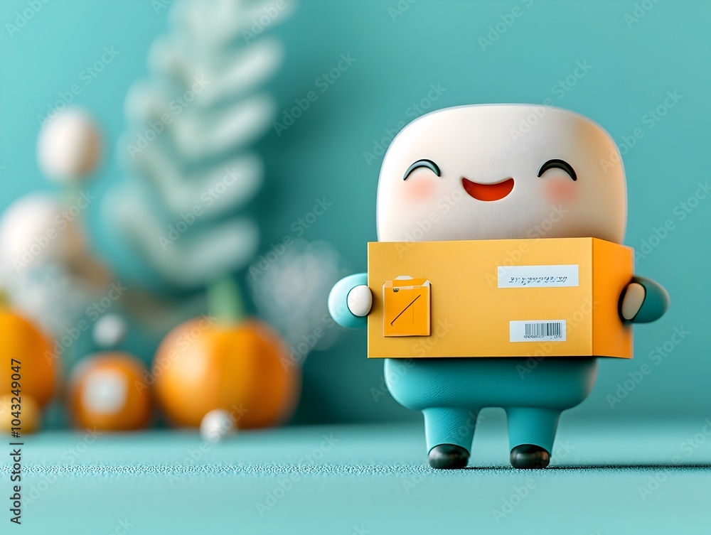 Poster cheerful 3d animated figure with expressive and emotive features grasping a simple cardboard box set