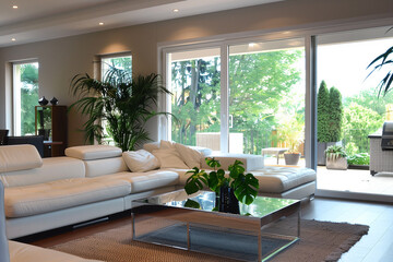 Naklejka premium Contemporary living room with sleek white leather furniture, a chrome coffee table, a lush indoor plant, and large sliding glass doors leading to a patio.