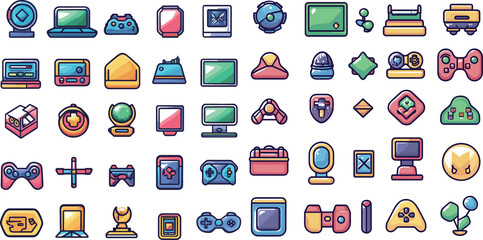 A Collection of Colorful Gaming Icons Featuring Consoles, Controllers, and Accessories