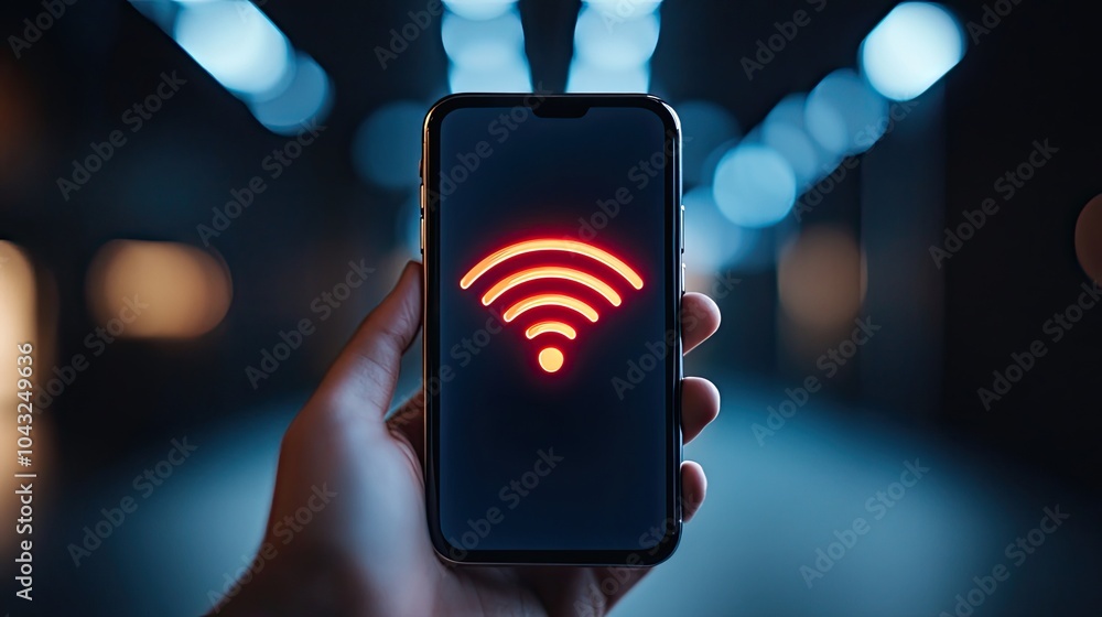 Poster a smartphone displays a red wi-fi symbol in a dimly lit environment, highlighting connectivity issue