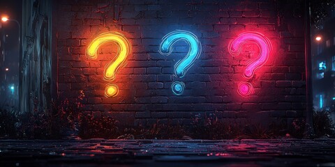 Colorful question marks in speech bubbles on a dark brick wall background. Neon lights glowing with colorful question mark symbols. 