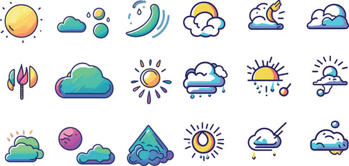 Colorful Weather Icons Depicting Various Conditions in a Playful Artistic Style