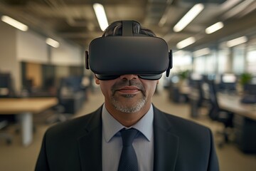 A man in a suit wearing a VR headset in a modern office environment.