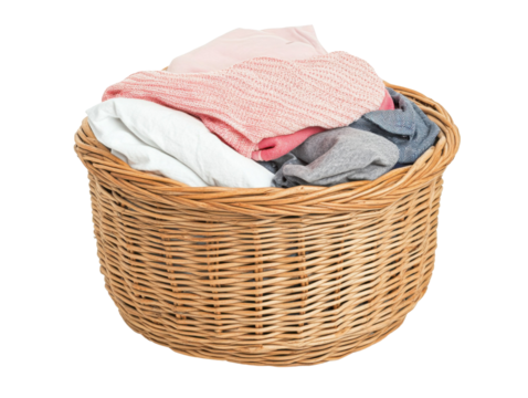 Laundry concept with woven basket of colorful clothing for home organization and interior design - transparent background png