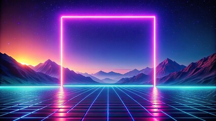 retro futuristic landscape with glowing square frame background