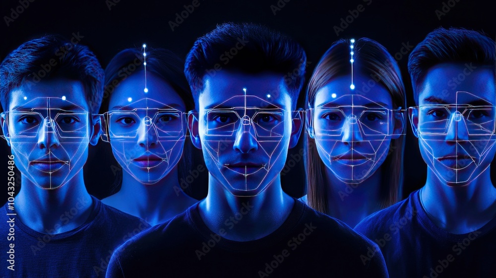 Poster a high-tech facial recognition system driven by ai, analyzing facial geometry, expressions, and emot