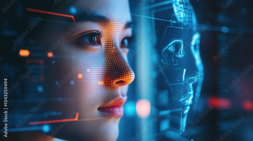 Poster a high-tech facial recognition system driven by ai, analyzing facial geometry, expressions, and emot