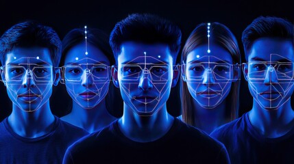 A high-tech facial recognition system driven by AI, analyzing facial geometry, expressions, and emotions in real-time, enhancing security and identity verification with pinpoint accuracy.