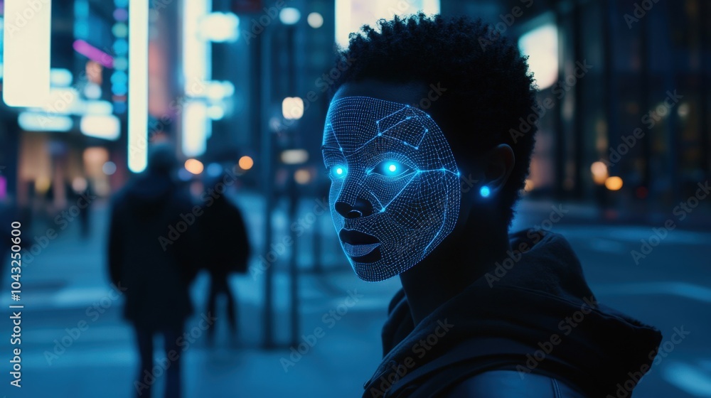 Poster a high-tech facial recognition system using ai to scan facial features and compare them with extensi