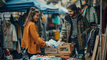 A cheerful market interaction between a vendor and a customer surrounded by colorful stalls in an outdoor marketplace in autumn