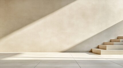 A minimalistic interior showcasing a light-colored wall and simple stairs, enhanced by soft shadows creating a serene atmosphere.